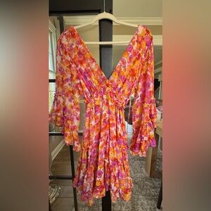 Misa Los Angeles-Floral V-Neck Dress with Ruffle Sleeves